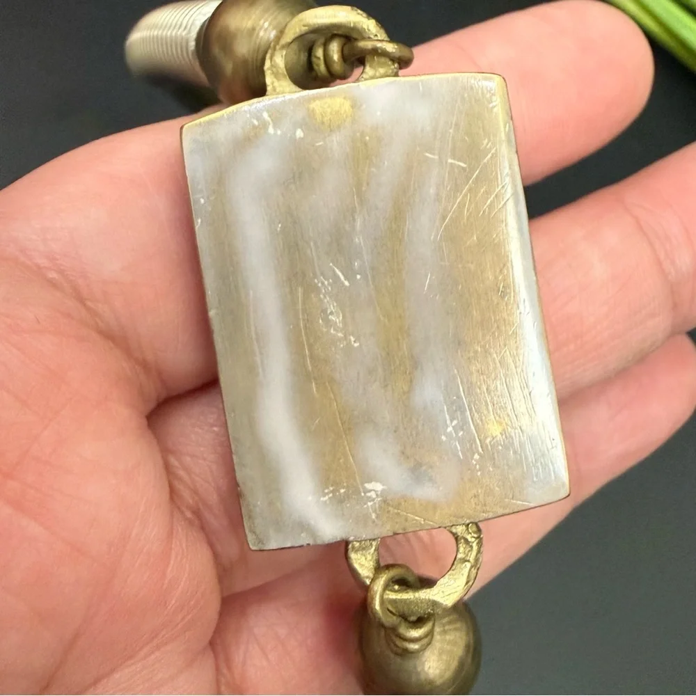 Vintage Brutalist Modernist Stone Inlay Brass Collar Choker Necklace - Picture 10 of 12